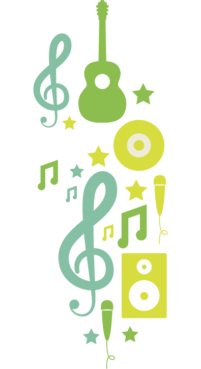 Ilustração de violão, trompete e notas musicais